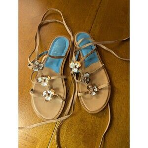 Valentina Rangoni Sandals Size 8 1/2 Flowers Tan Made in Italy Real Leather